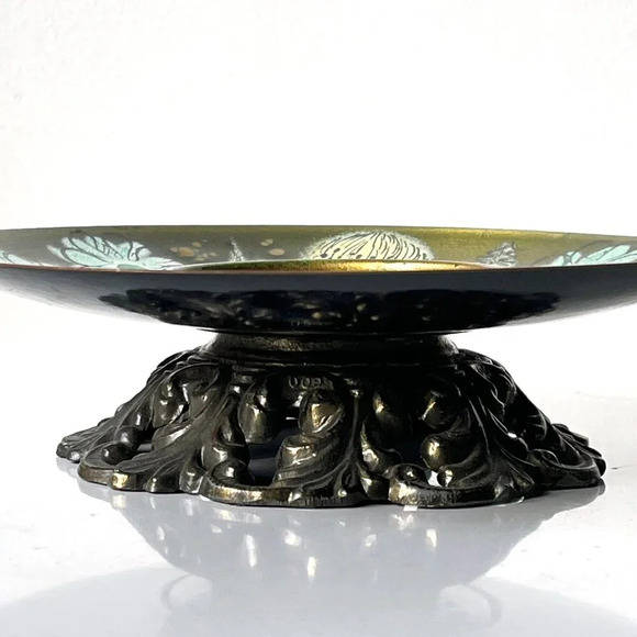 Vintage Sascha Brastoff MCM Enamel Green Floral Footed Pedestal Serving Dish - Picture 4 of 5